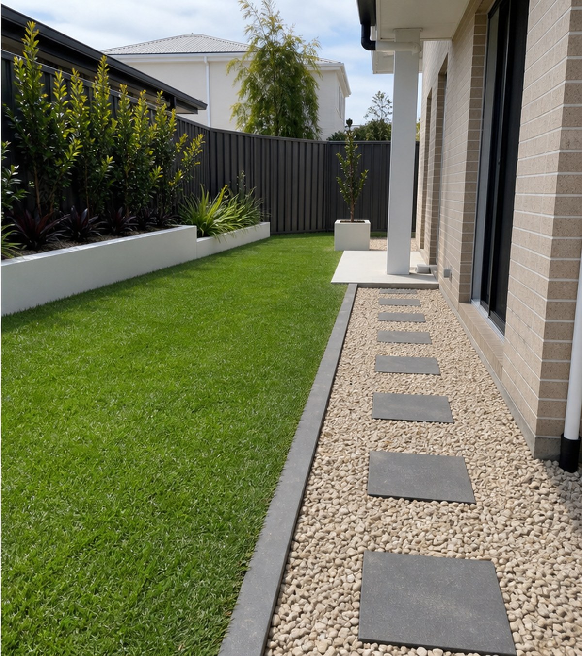 Backyard after landscaping transformation with turf and path
