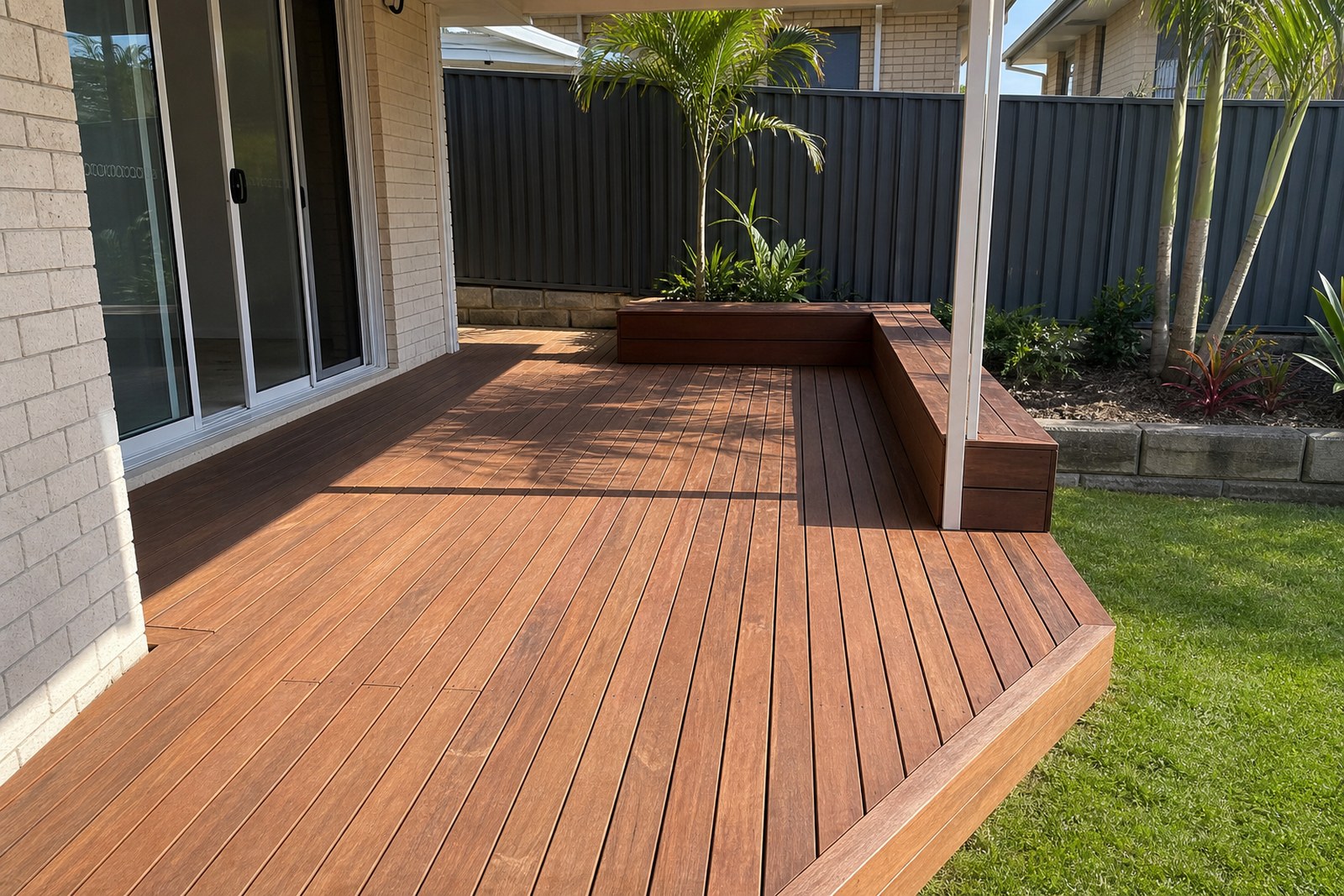 Finished backyard deck beside lawn and garden beds