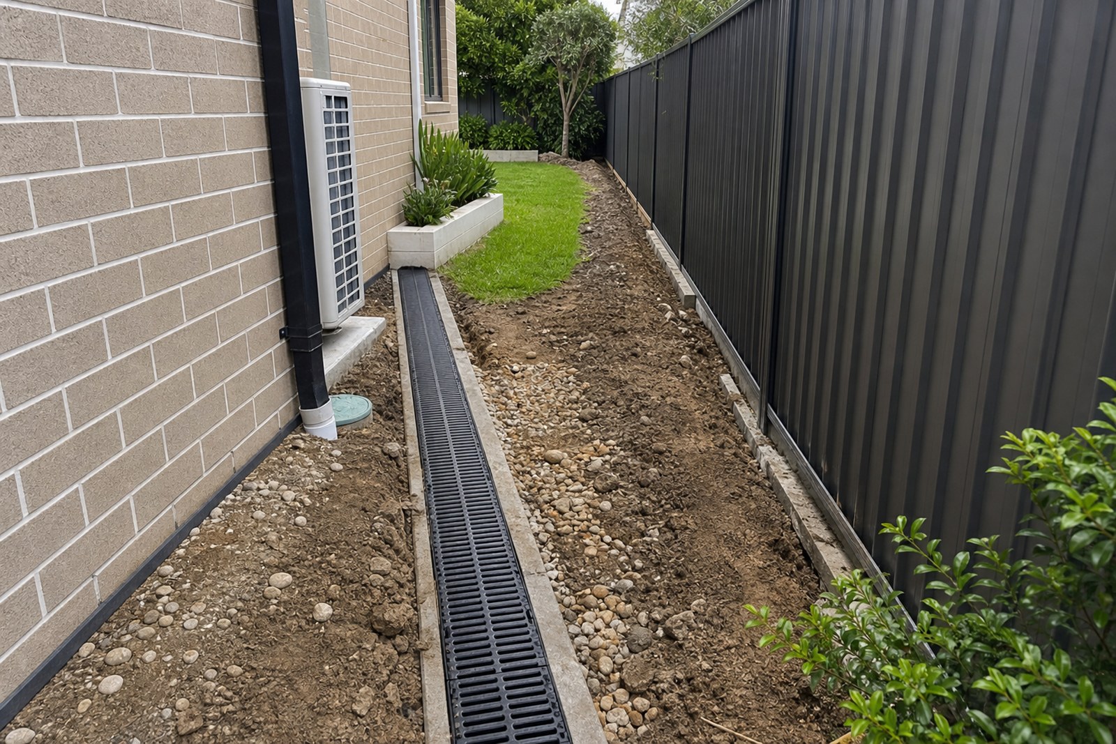 Side yard drainage channel and gravel installation