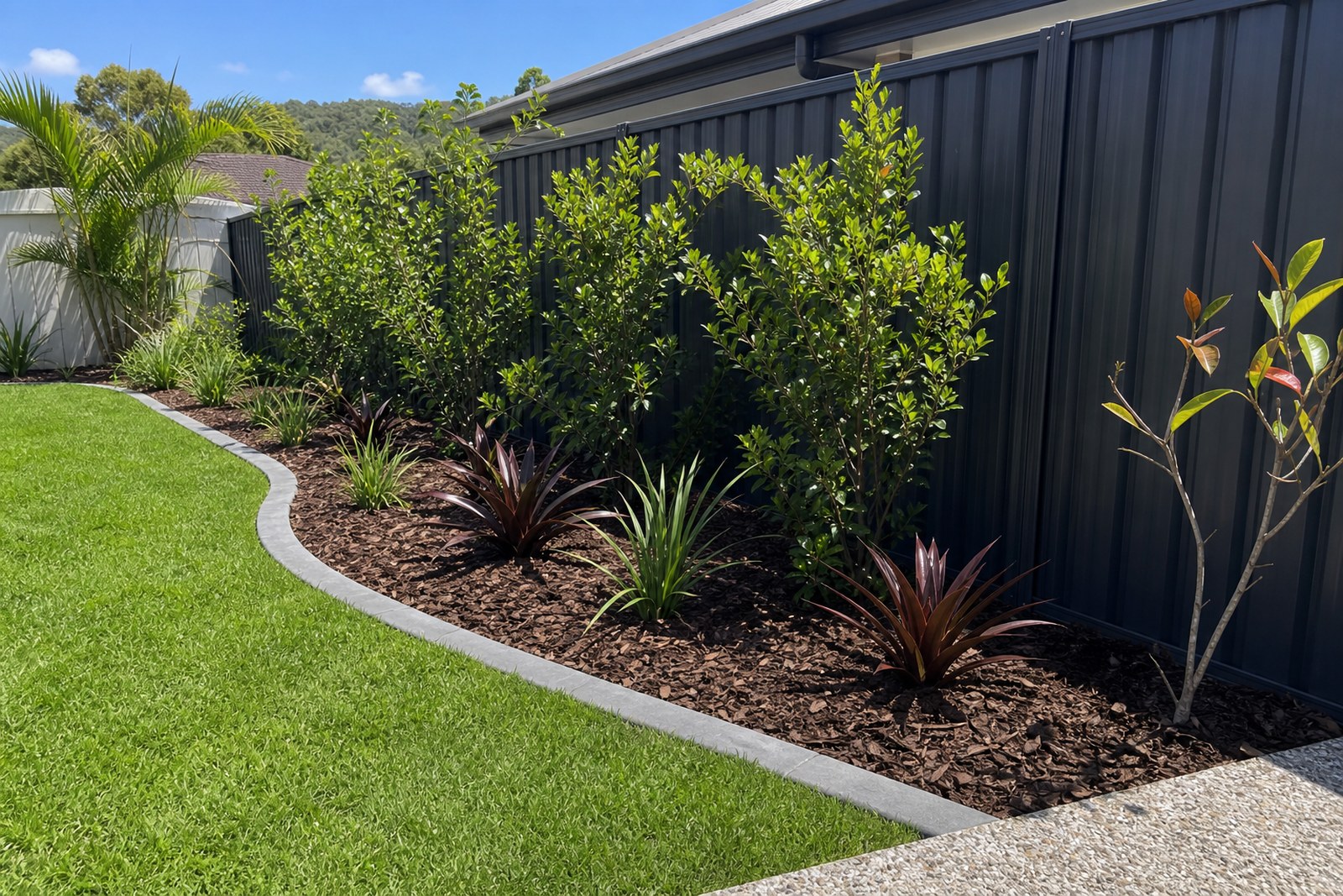 Finished garden beds with edging, mulch and planting