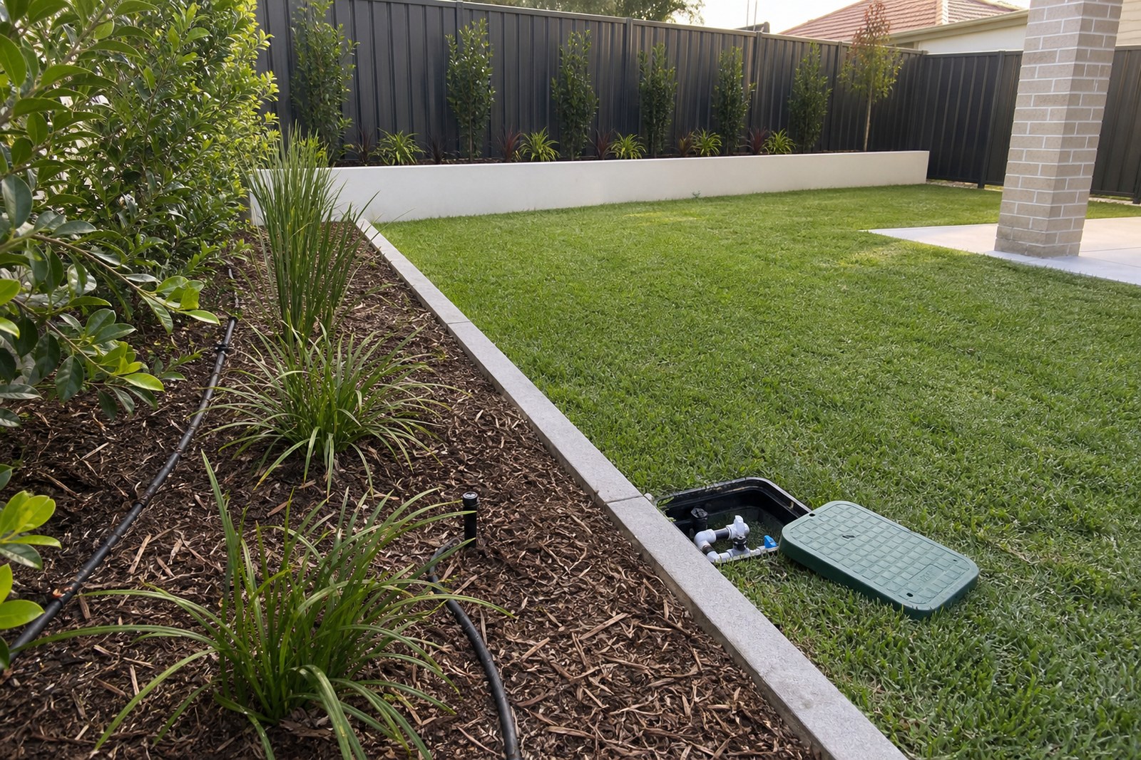 Garden bed irrigation with valve box and drip line