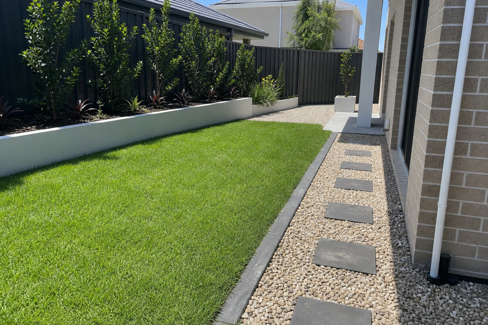 Finished landscape construction with turf, path and raised garden beds