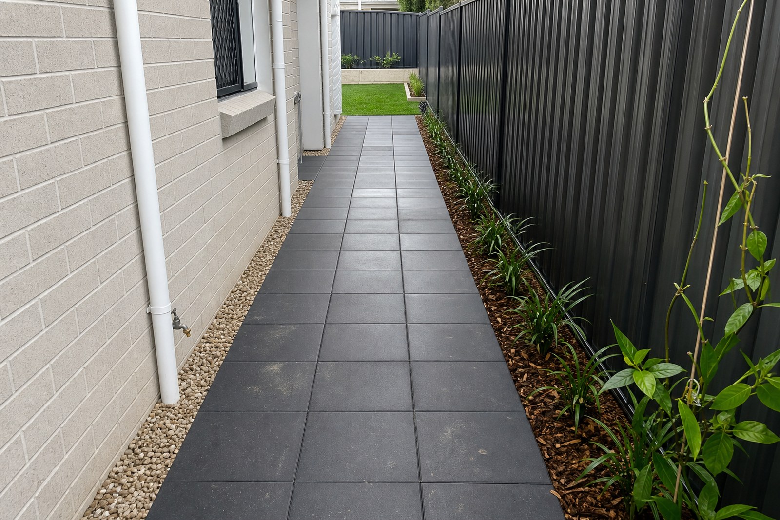Paved side path with garden edging and gravel