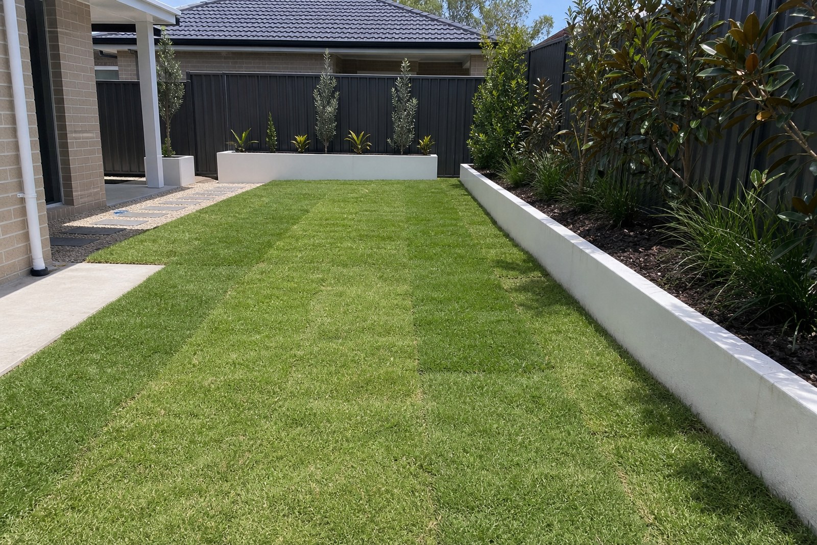 Freshly laid turf in a residential backyard